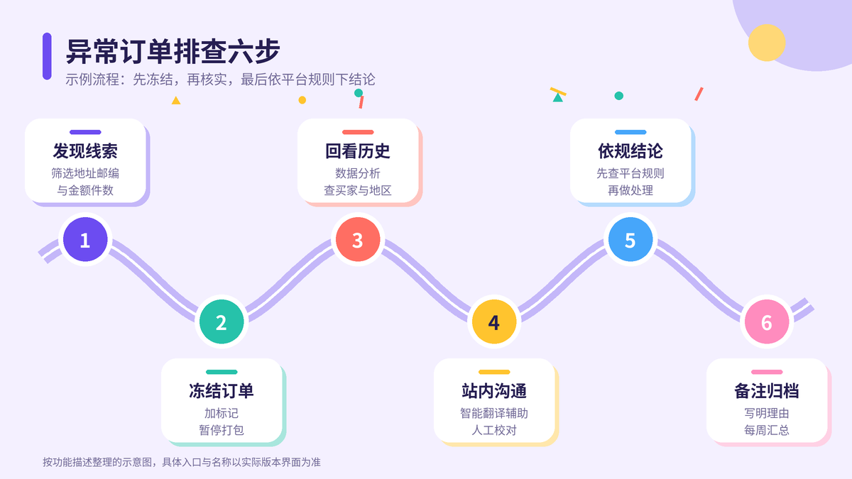 异常订单从发现线索、冻结订单、核实历史、平台内沟通到依规结论的排查步骤