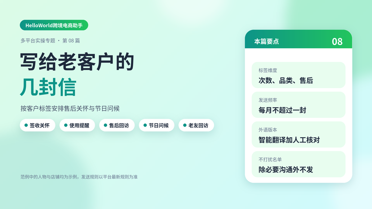 HelloWorld跨境电商助手老客户关怀消息范例封面图