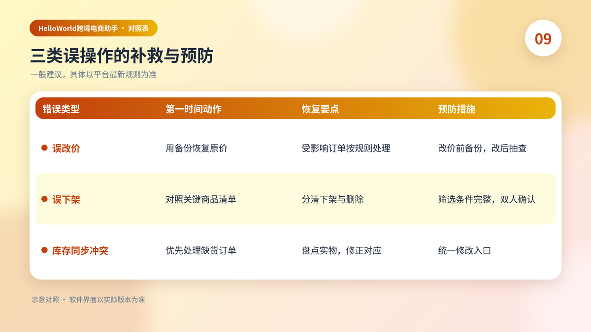 误改价、误下架与库存同步冲突的补救与预防对照表
