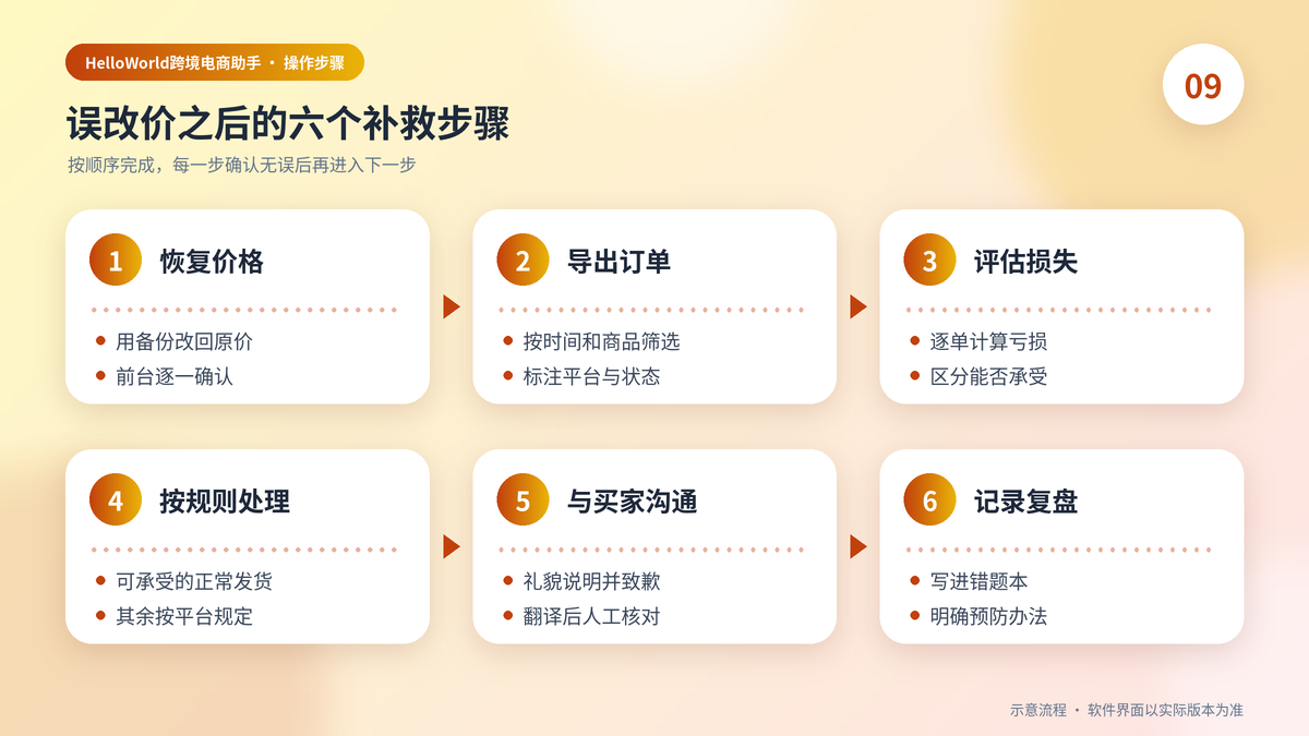 误改价之后恢复价格与处理订单的六个补救步骤示意图