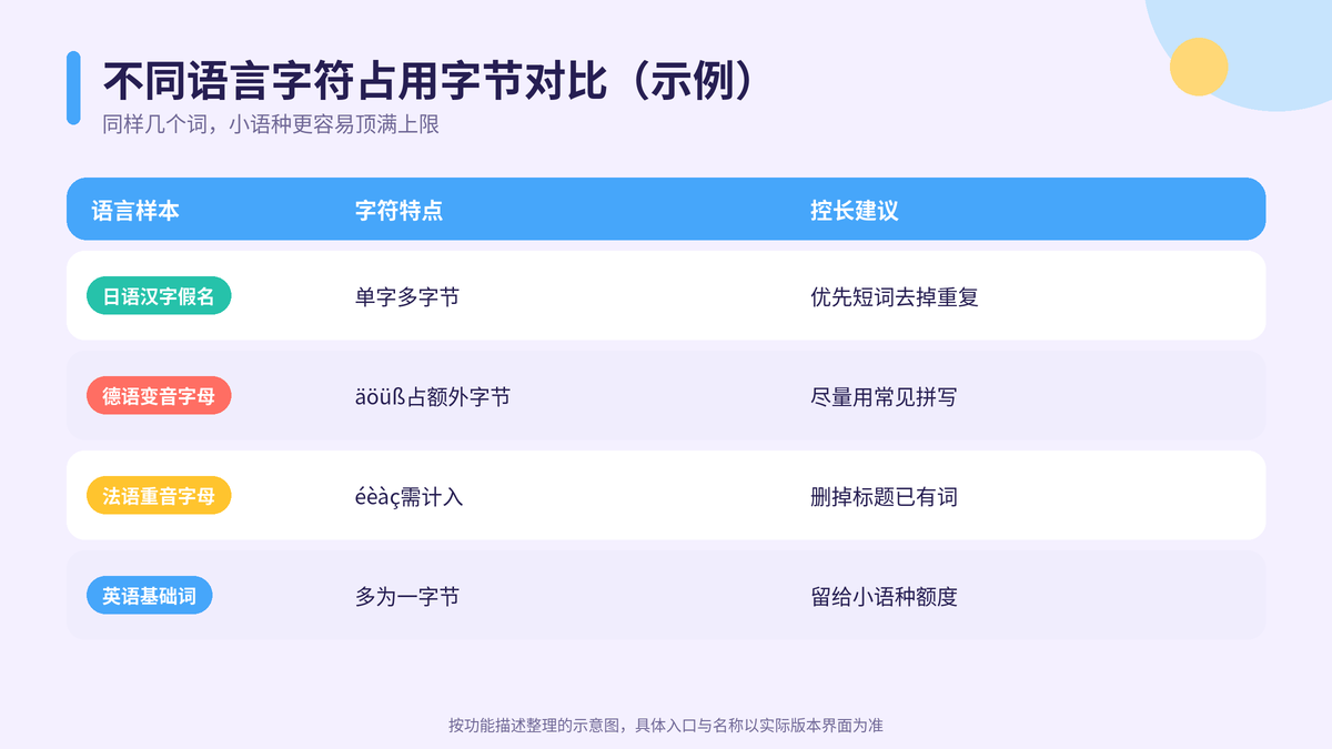 日语德语法语与英语搜索词占用字节对比示例示意图