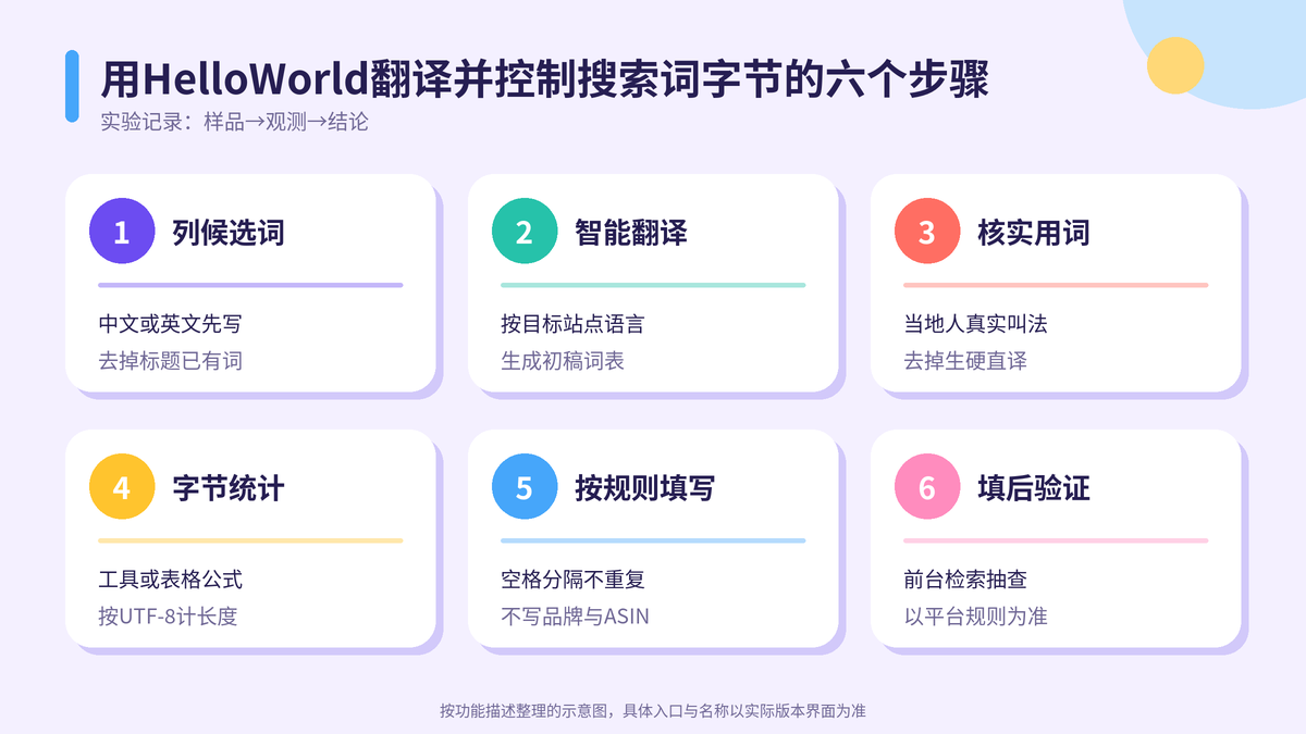 HelloWorld跨境电商助手翻译并控制搜索词字节的六个步骤示意图