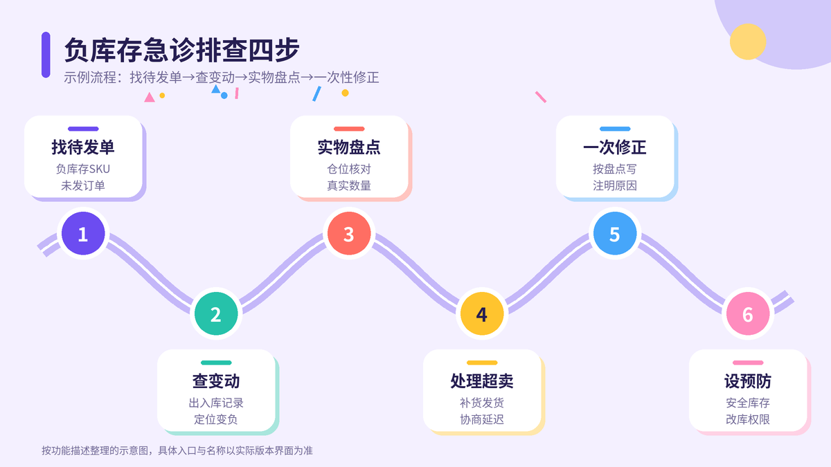 HelloWorld跨境电商助手负库存急诊排查四步示意图