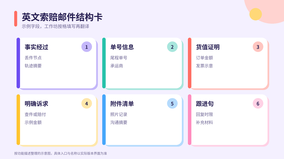 HelloWorld跨境电商助手英文索赔邮件结构卡示意图