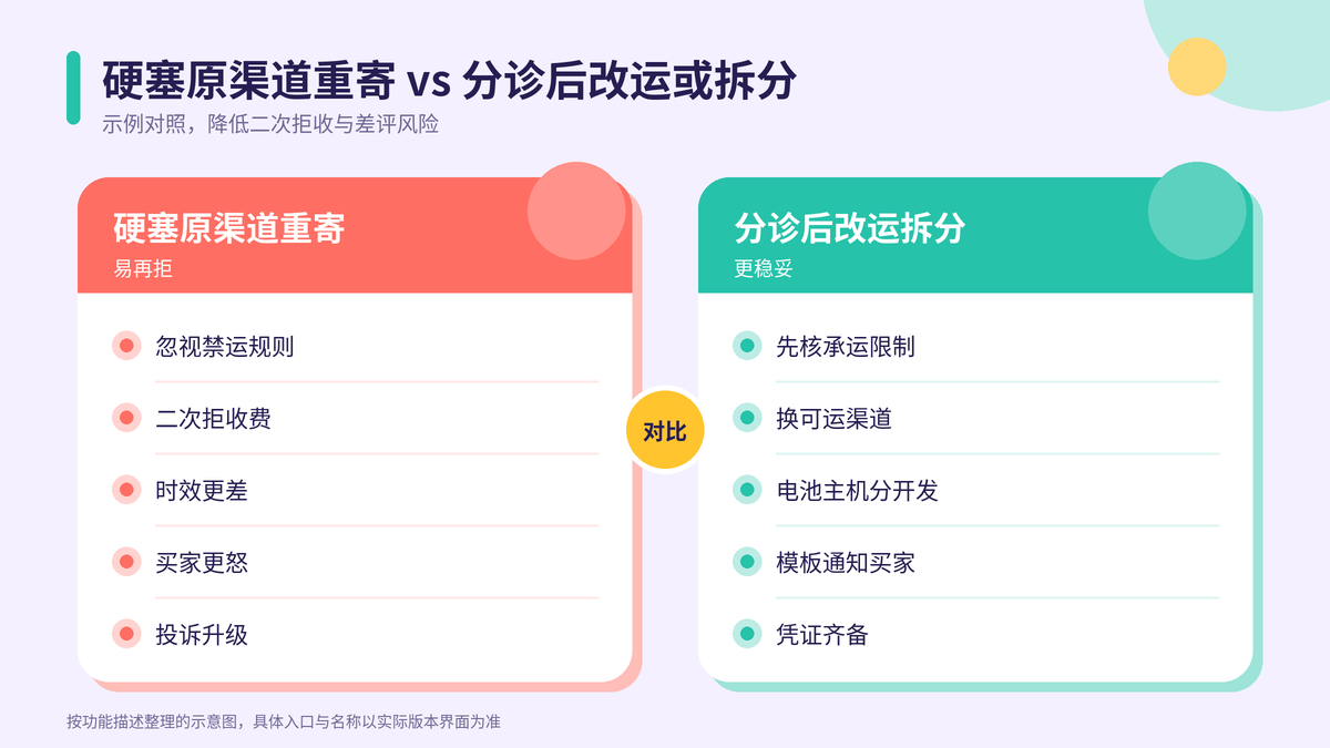 硬塞原渠道重寄与分诊后改运或拆分对比示意图
