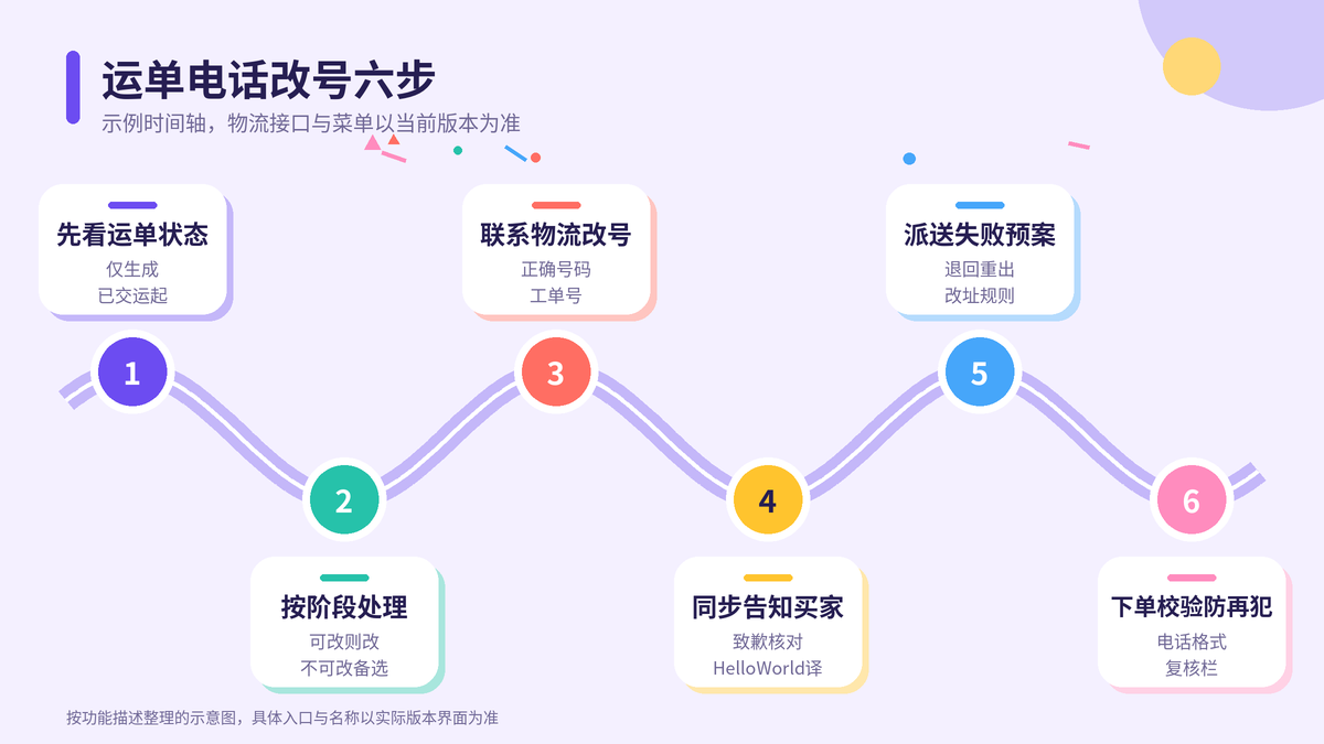 HelloWorld跨境电商助手运单电话改号六步示意图