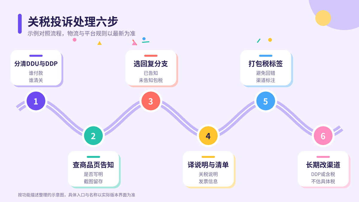 HelloWorld跨境电商助手关税投诉处理六步示意图