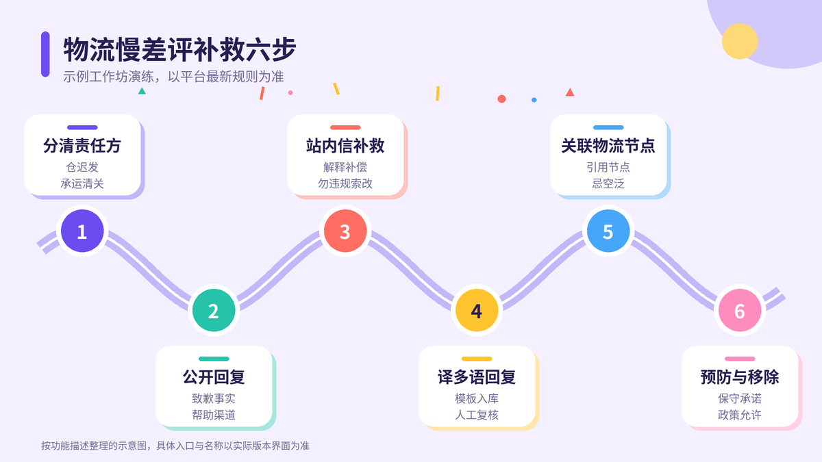 HelloWorld跨境电商助手物流慢差评补救六步示意图