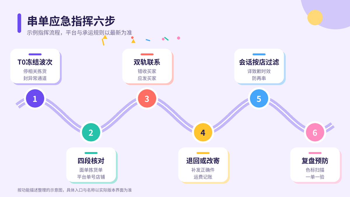 HelloWorld跨境电商助手串单应急指挥六步示意图