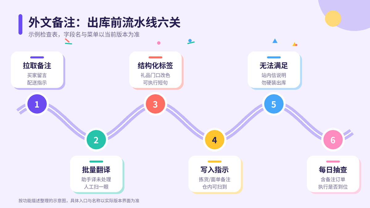 HelloWorld跨境电商助手外文备注出库前流水线六关示意图